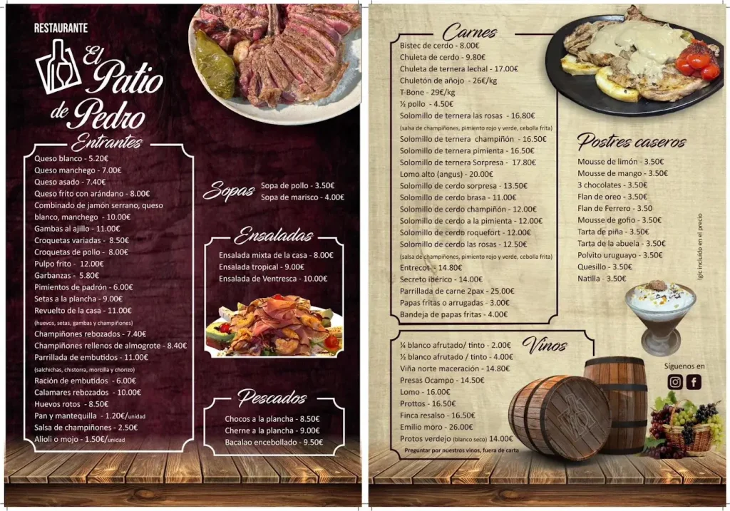 Menu del El Patio de Pedro 2026 with prices adapted to inflation 2026